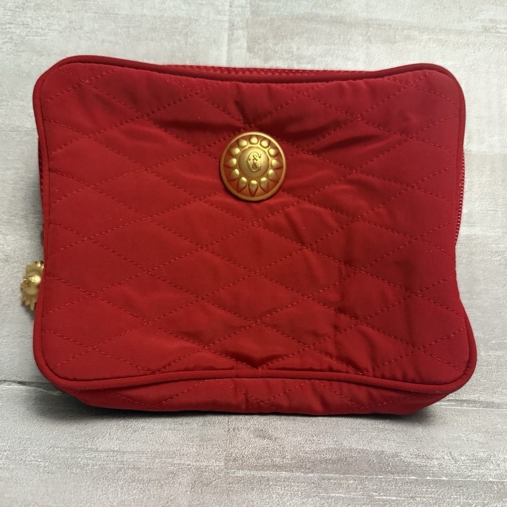 Vintage Cacharel Cosmetic Pouch Makeup Bag Red Quilted Gold Sun Button & Zipper